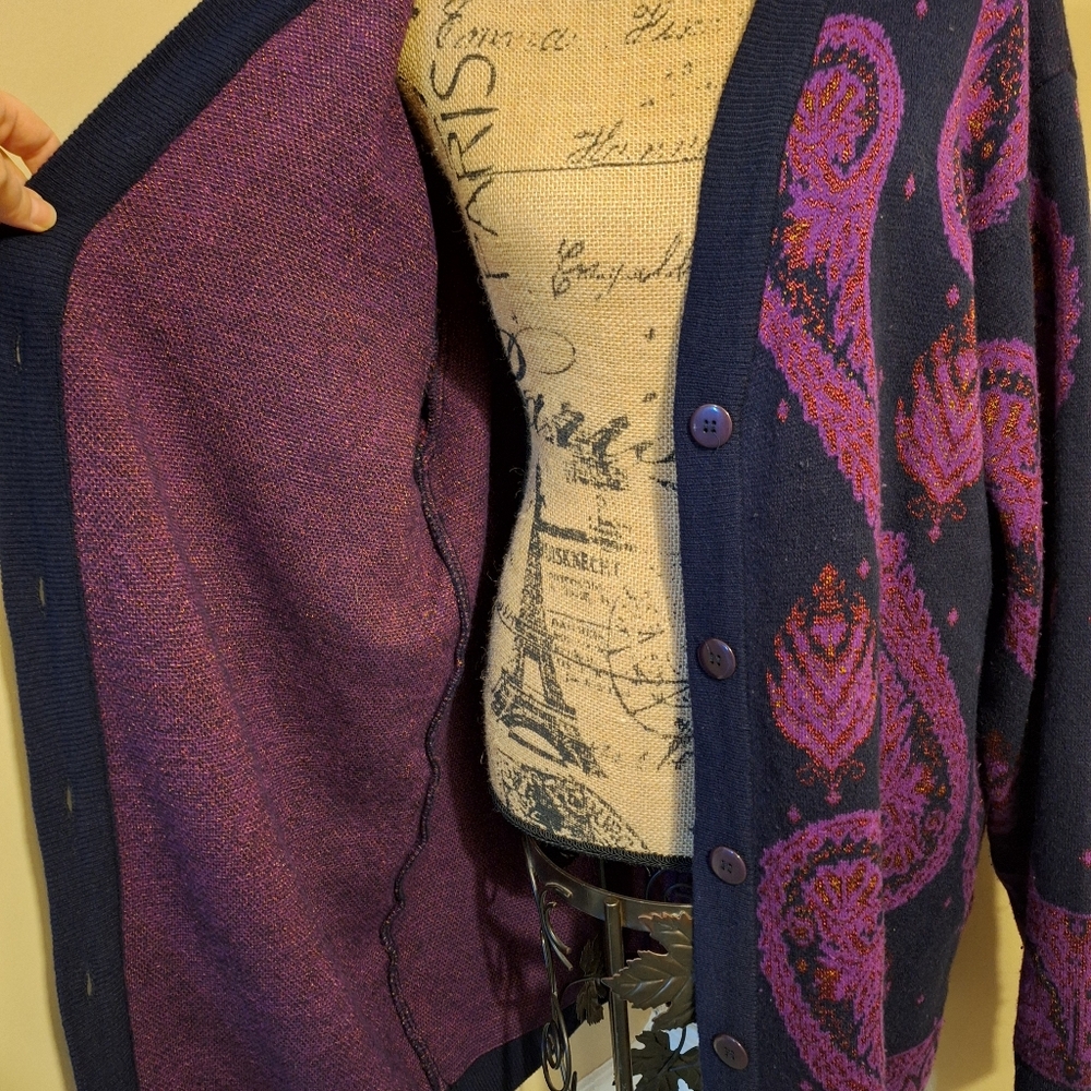 Vintage Jeanne Pierre Purple & Blue Cardigan Paisley Pattern - Picture 2 of 12